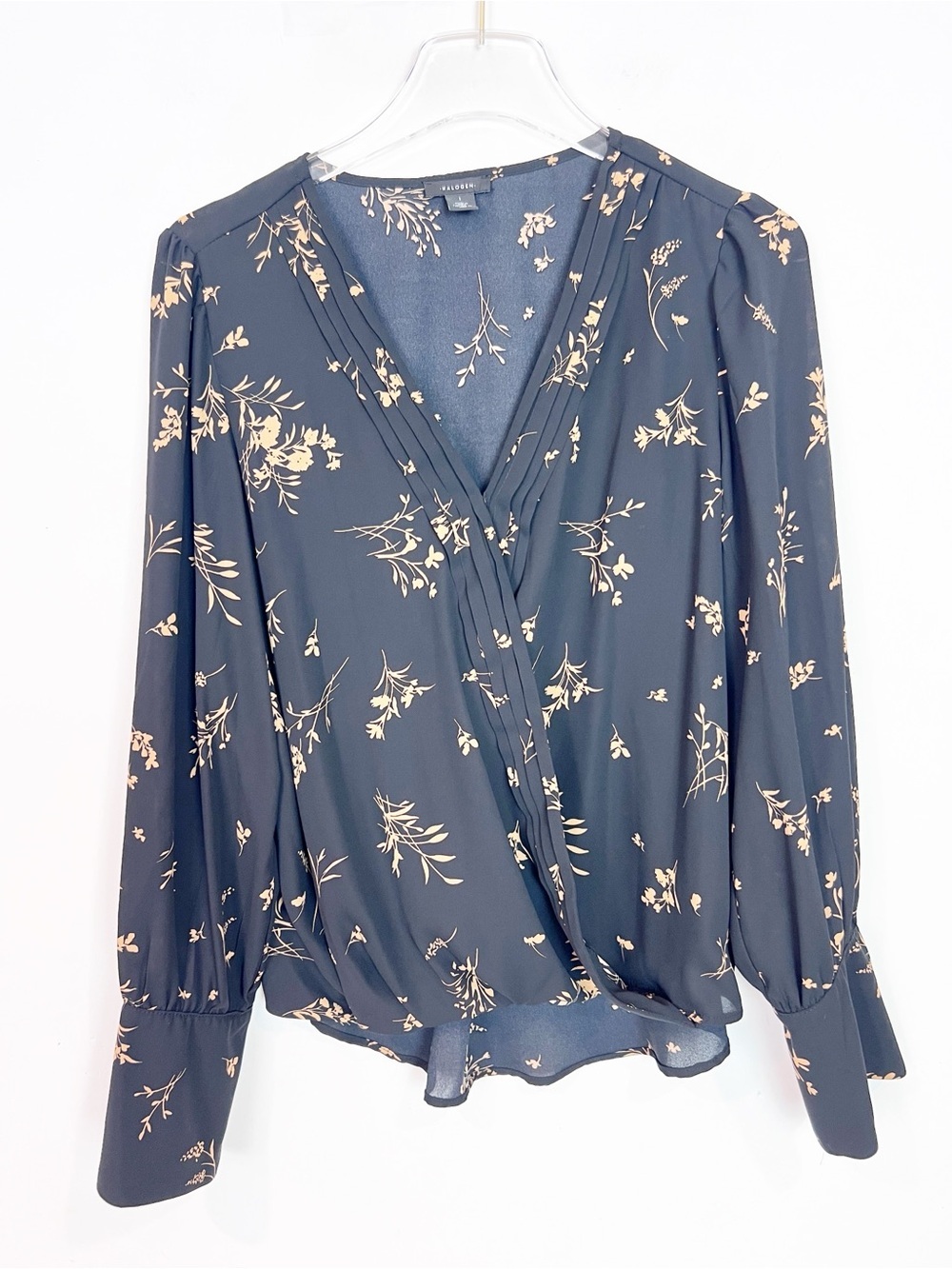 HALOGEN BLACK SURPLICE FRONT BROWN FLORAL LEAF PRINT BLOUSE WOMENS LARGE